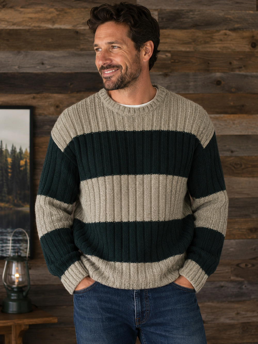 Vintage Wool Blend Chunky Rib Knit Striped Crewneck Sweater M Authentic Issue 90